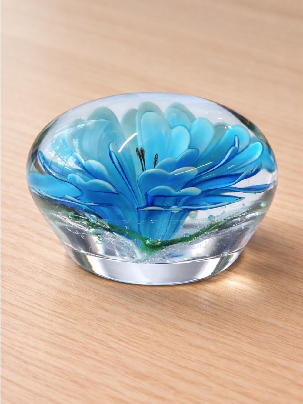 Vintage Hand-Blown Art Glass Blue Flowers Floral Glass Murano Style Paperweight